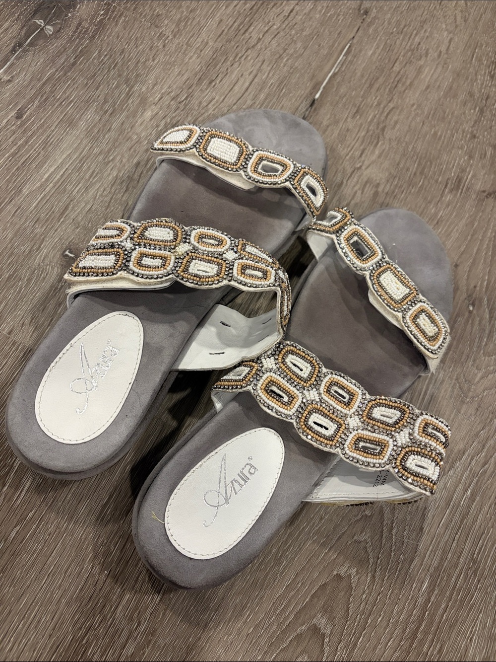 Azura Gray Beaded Double-Strap Slide Sandals